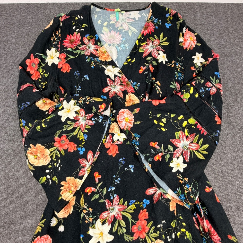 Farm Rio Black Floral Wrap Maxi Dress Bell Sleeve Tassel Boho Women Large L - Picture 7 of 10